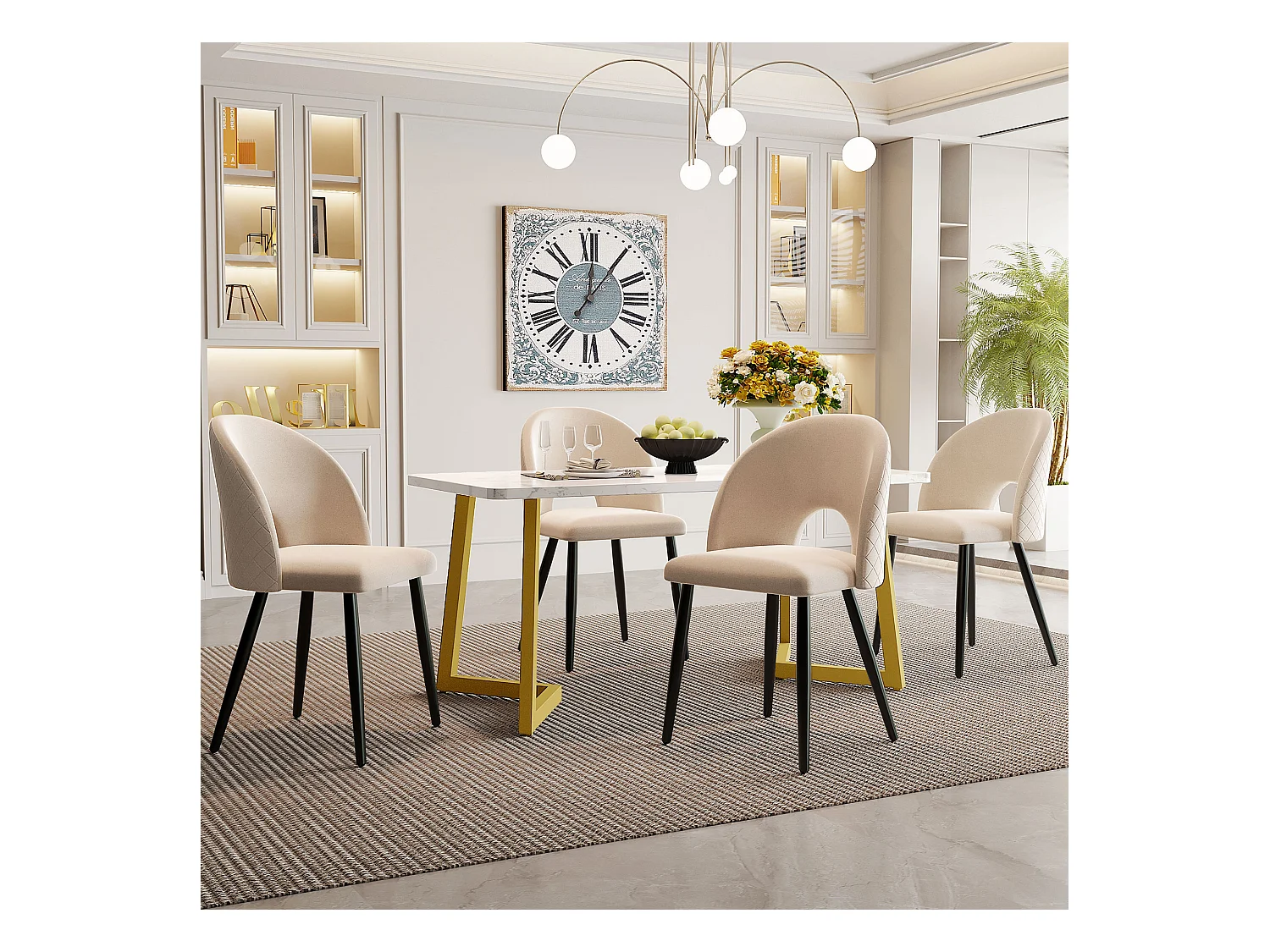 Esstischset 117 x 68 cm + 4 Schalenstühle – Samt- und Metallbeine – Rautenmuster – Beige