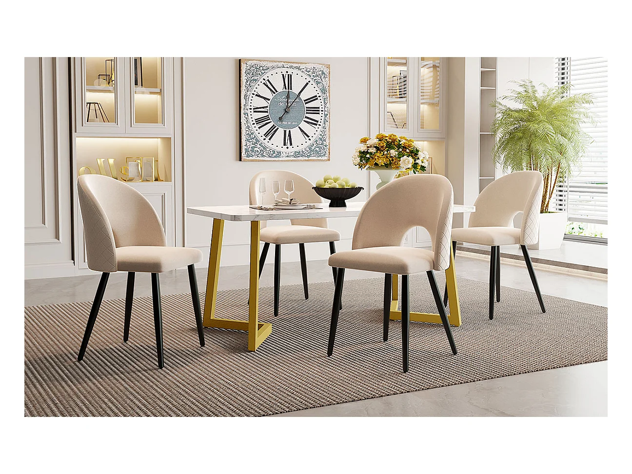 Esstischset 117 x 68 cm + 4 Schalenstühle – Samt- und Metallbeine – Rautenmuster – Beige