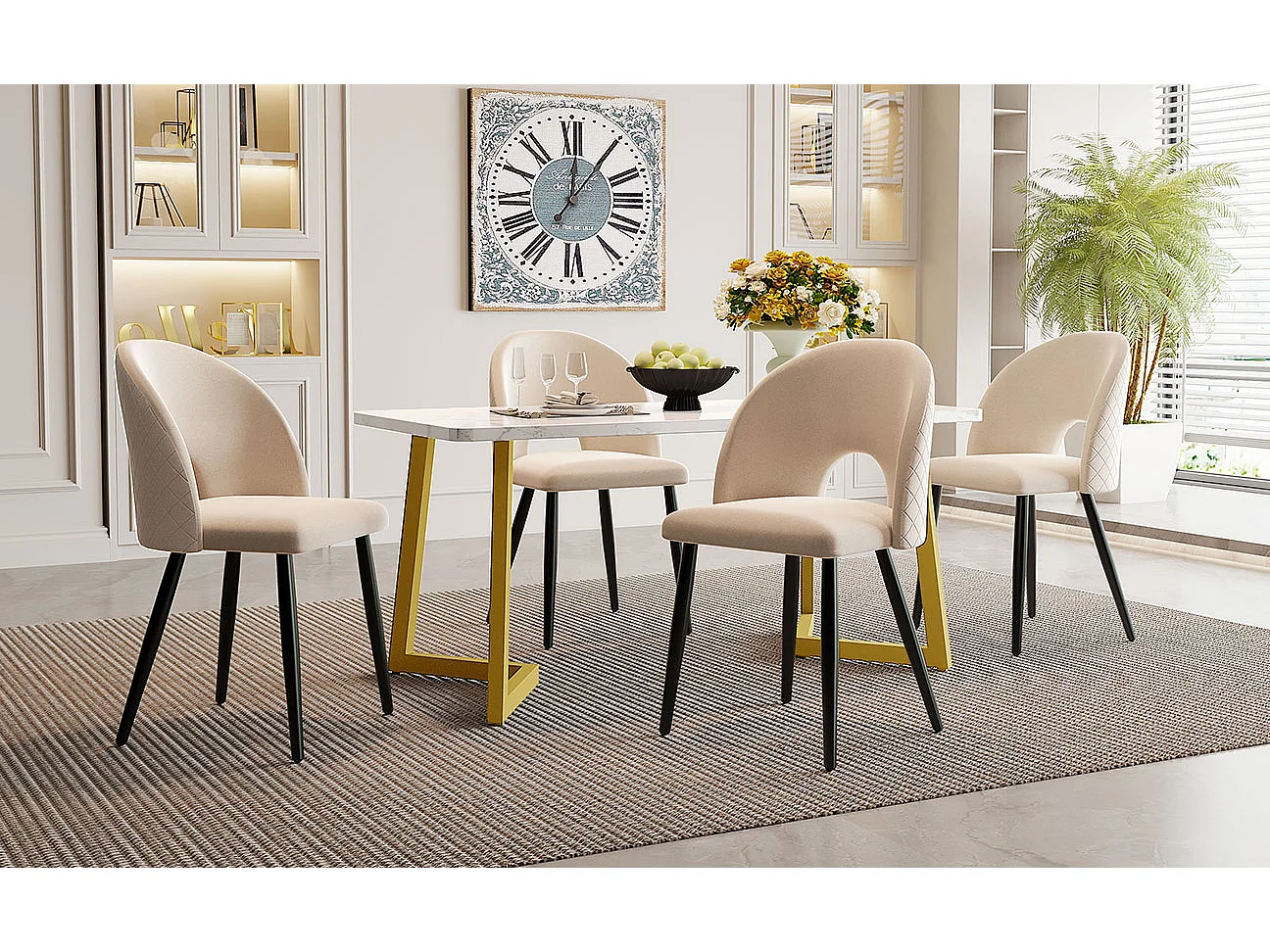 Ensemble table à manger 117 x 68 cm + 4 chaises coquillage -  velours et pièds en métal - motif losange - beige