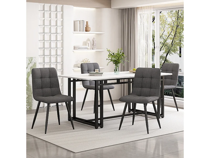 Esstischset 140 x 80 cm mit 4 gepolsterten Leinenstühlen – schwarze Metallbeine – Weiß + Grau