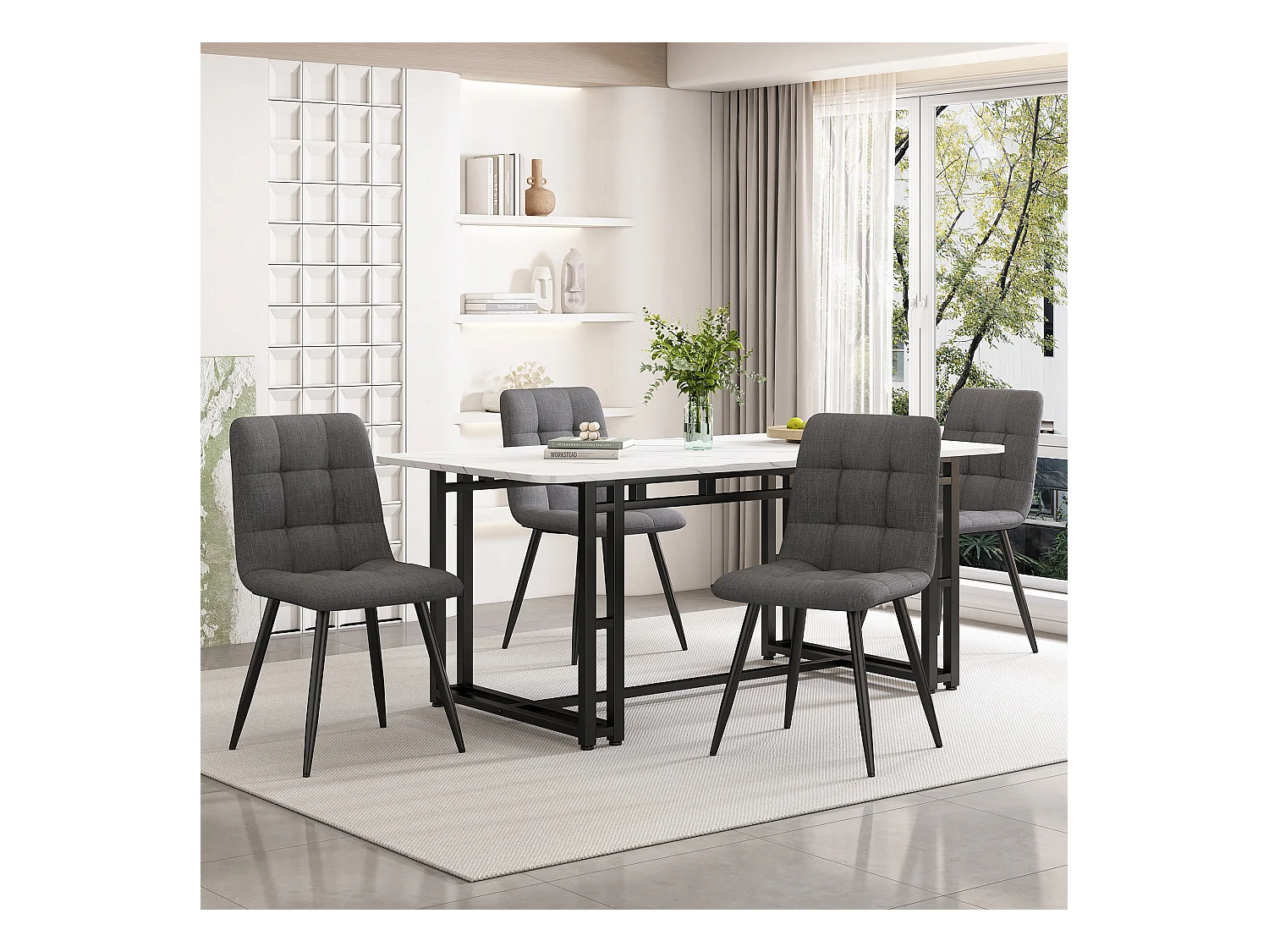 Ensemble Table à manger 140 x 80 cm avec 4 chaises rembourrées en lin - pièds en métal noir - Blanc + gris