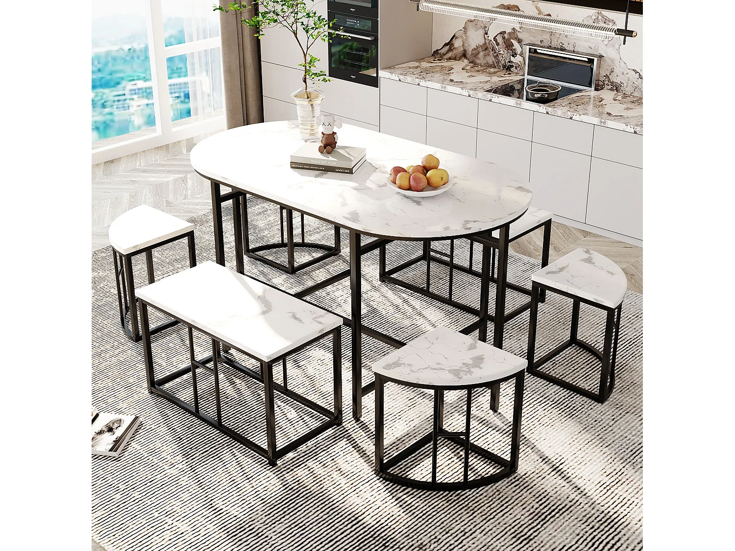 Ovale tafelset + 6 eetkamerstoelen - MDF hout en metaal - moderne stijl - wit + zwart