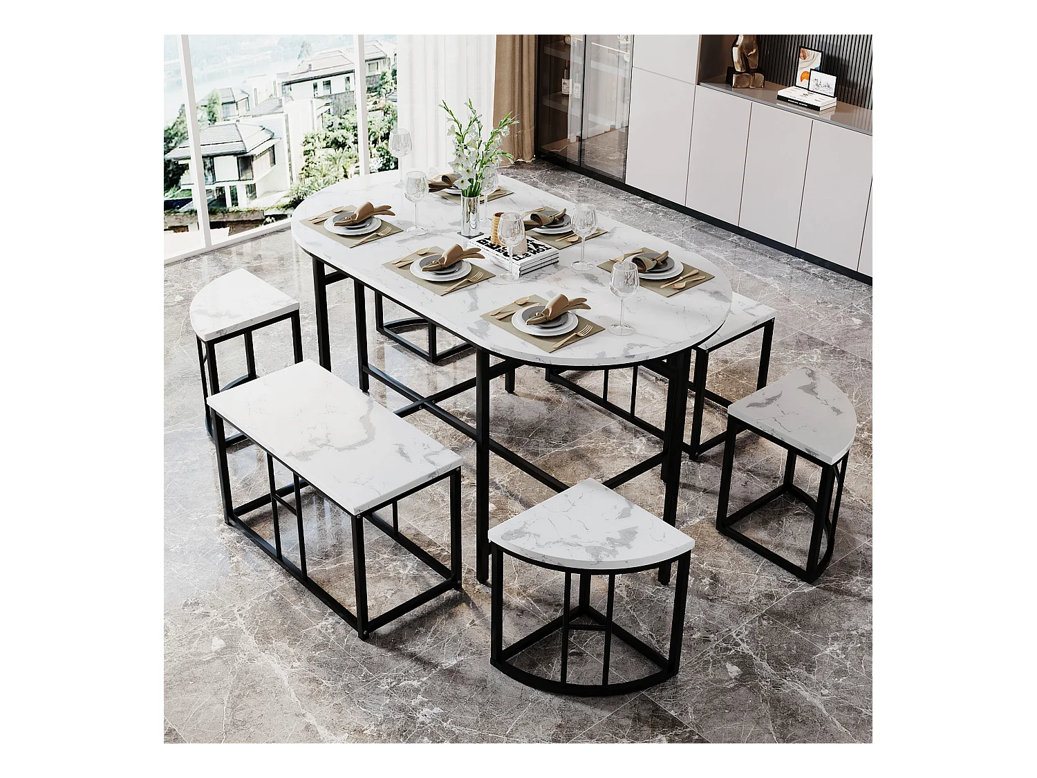 Ovale tafelset + 6 eetkamerstoelen - MDF hout en metaal - moderne stijl - wit + zwart