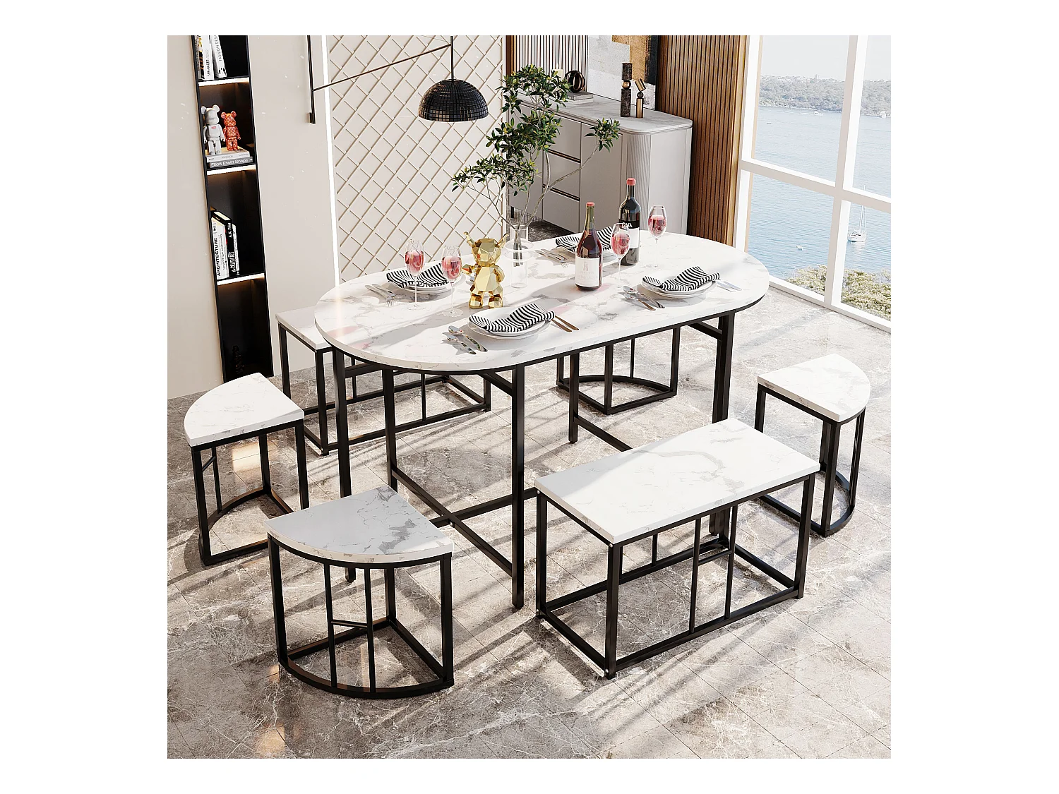 Ovale tafelset + 6 eetkamerstoelen - MDF hout en metaal - moderne stijl - wit + zwart