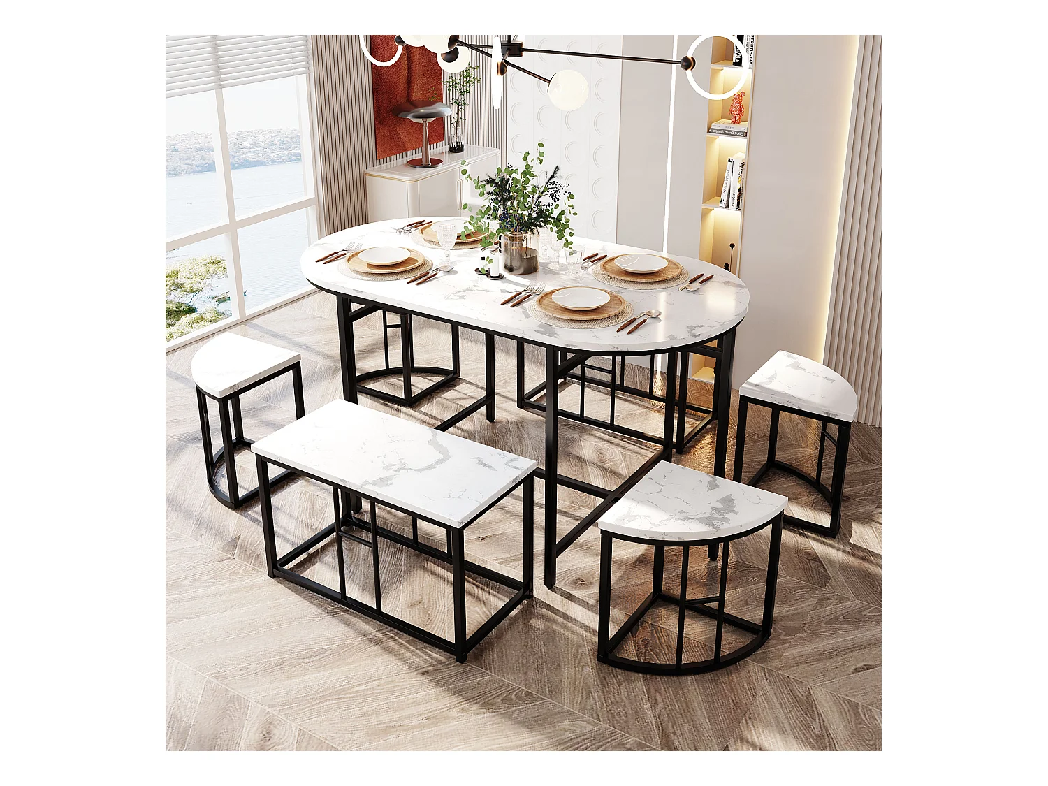 Ovale tafelset + 6 eetkamerstoelen - MDF hout en metaal - moderne stijl - wit + zwart