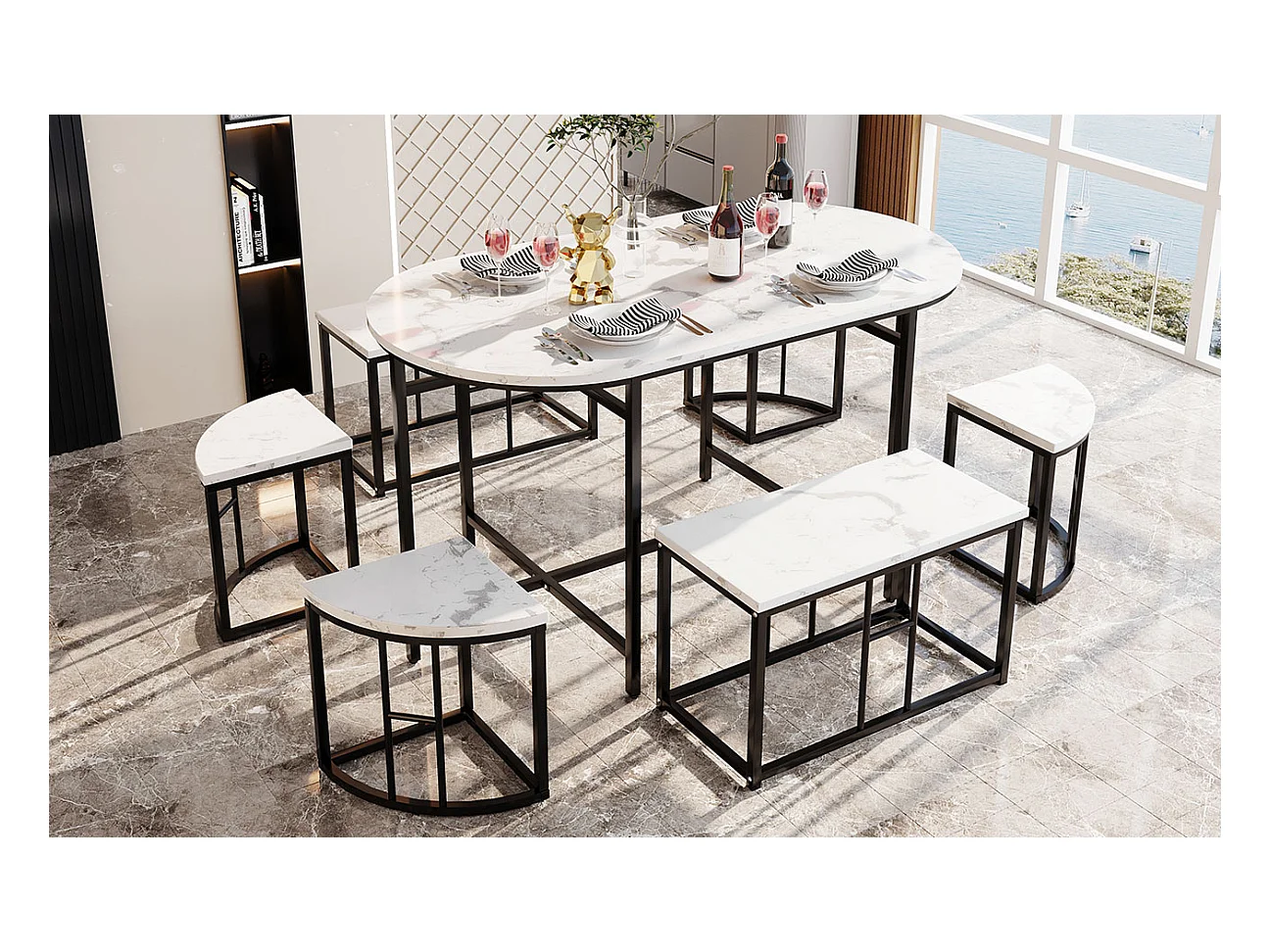 Ovale tafelset + 6 eetkamerstoelen - MDF hout en metaal - moderne stijl - wit + zwart