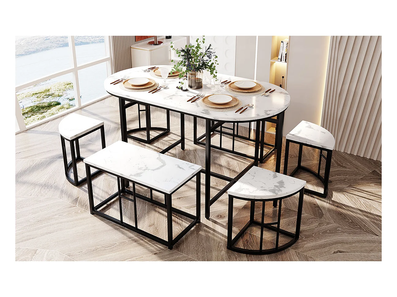 Ovale tafelset + 6 eetkamerstoelen - MDF hout en metaal - moderne stijl - wit + zwart