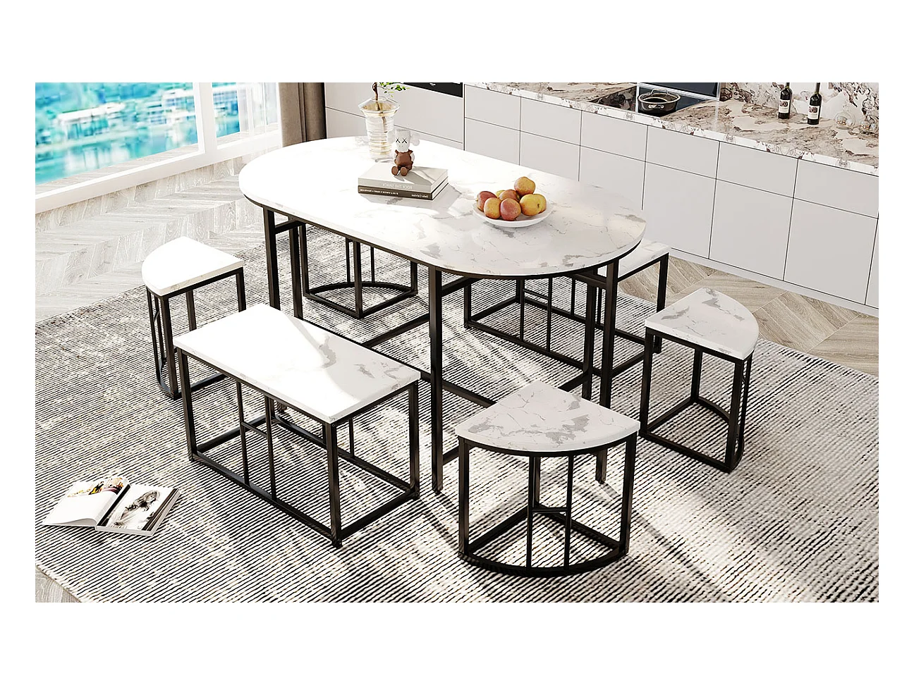 Ovale tafelset + 6 eetkamerstoelen - MDF hout en metaal - moderne stijl - wit + zwart