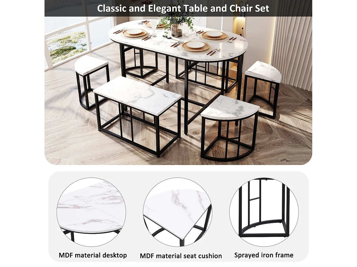 Ovale tafelset + 6 eetkamerstoelen - MDF hout en metaal - moderne stijl - wit + zwart