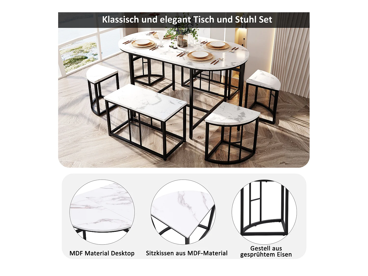 Ovale tafelset + 6 eetkamerstoelen - MDF hout en metaal - moderne stijl - wit + zwart