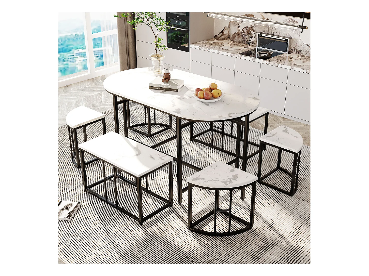 Ovale tafelset + 6 eetkamerstoelen - MDF hout en metaal - moderne stijl - wit + zwart