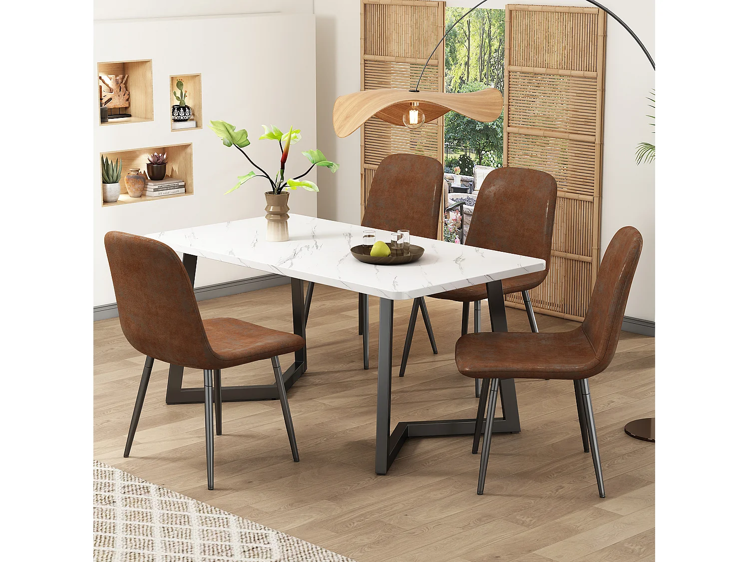 Ensemble table de salle à manger et 4 chaises - assise en simili cuir et pièds en métal noir - table à motif marbre - marron