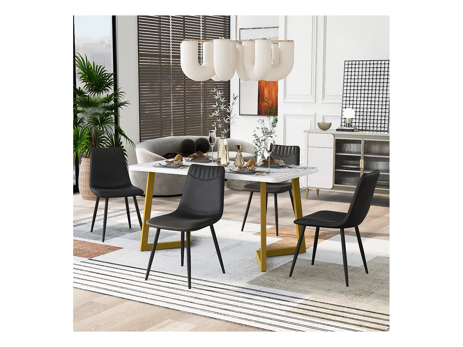 Ensemble table à manger 117 x 68 cm avec 4 chaises rembourrées en cuir PU - pièds en métal doré - Noir
