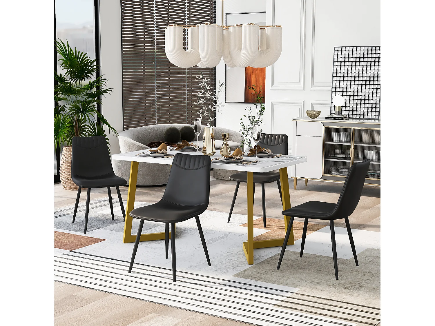 Eettafelset 117 x 68 cm met 4 PU-leren stoelen - gouden metalen poten - Zwart