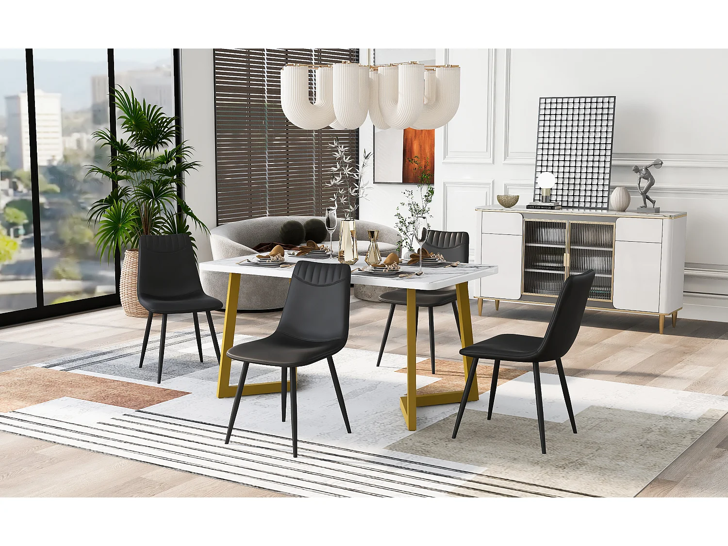 Eettafelset 117 x 68 cm met 4 PU-leren stoelen - gouden metalen poten - Zwart