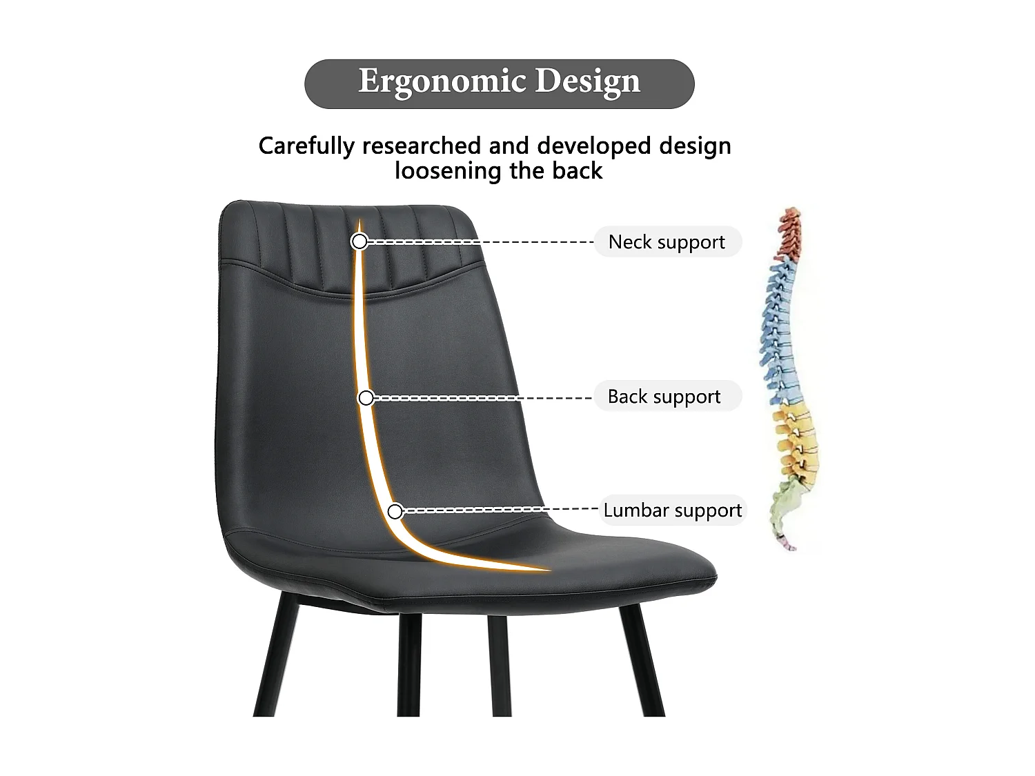 Eettafelset 117 x 68 cm met 4 PU-leren stoelen - gouden metalen poten - Zwart