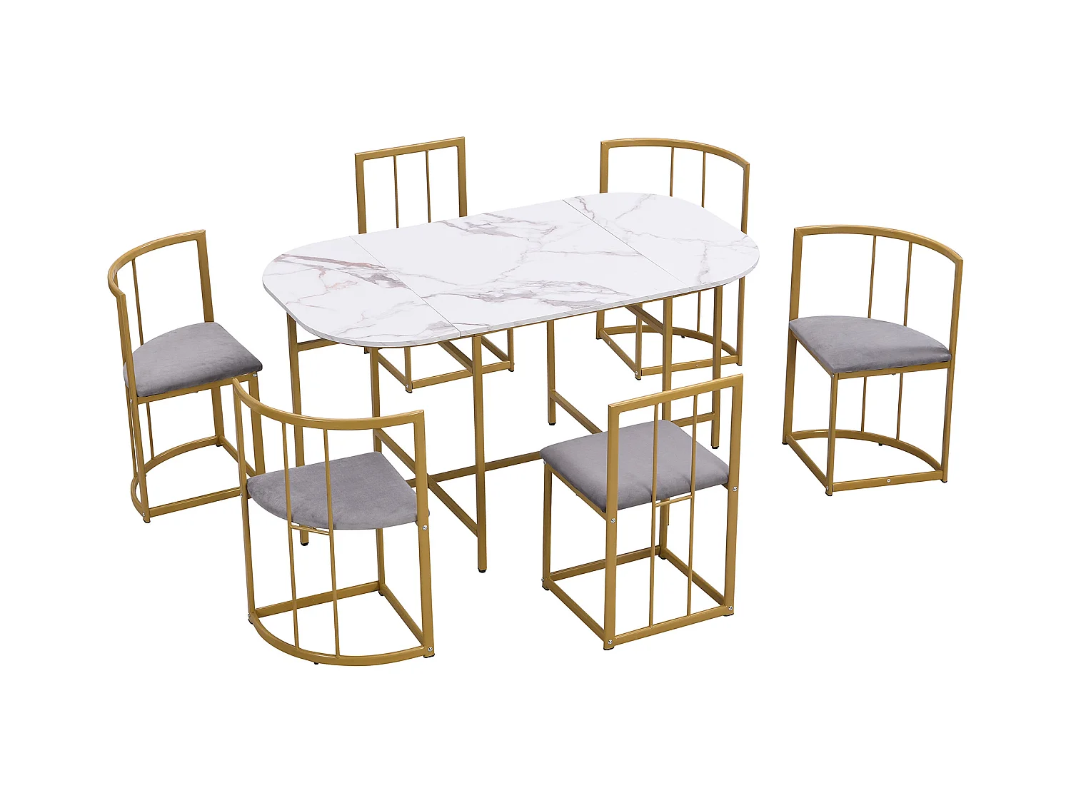 Ovaler Tisch + 6 Esszimmerstühle – Samt und goldenes Metall – moderner Stil – Weiß + Gold