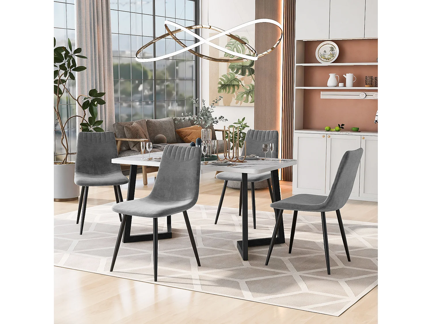 Eettafel en stoelenset (1 + 4) - fluwelen zitting en metalen poten - tafel met marmerpatroon - donkergrijs