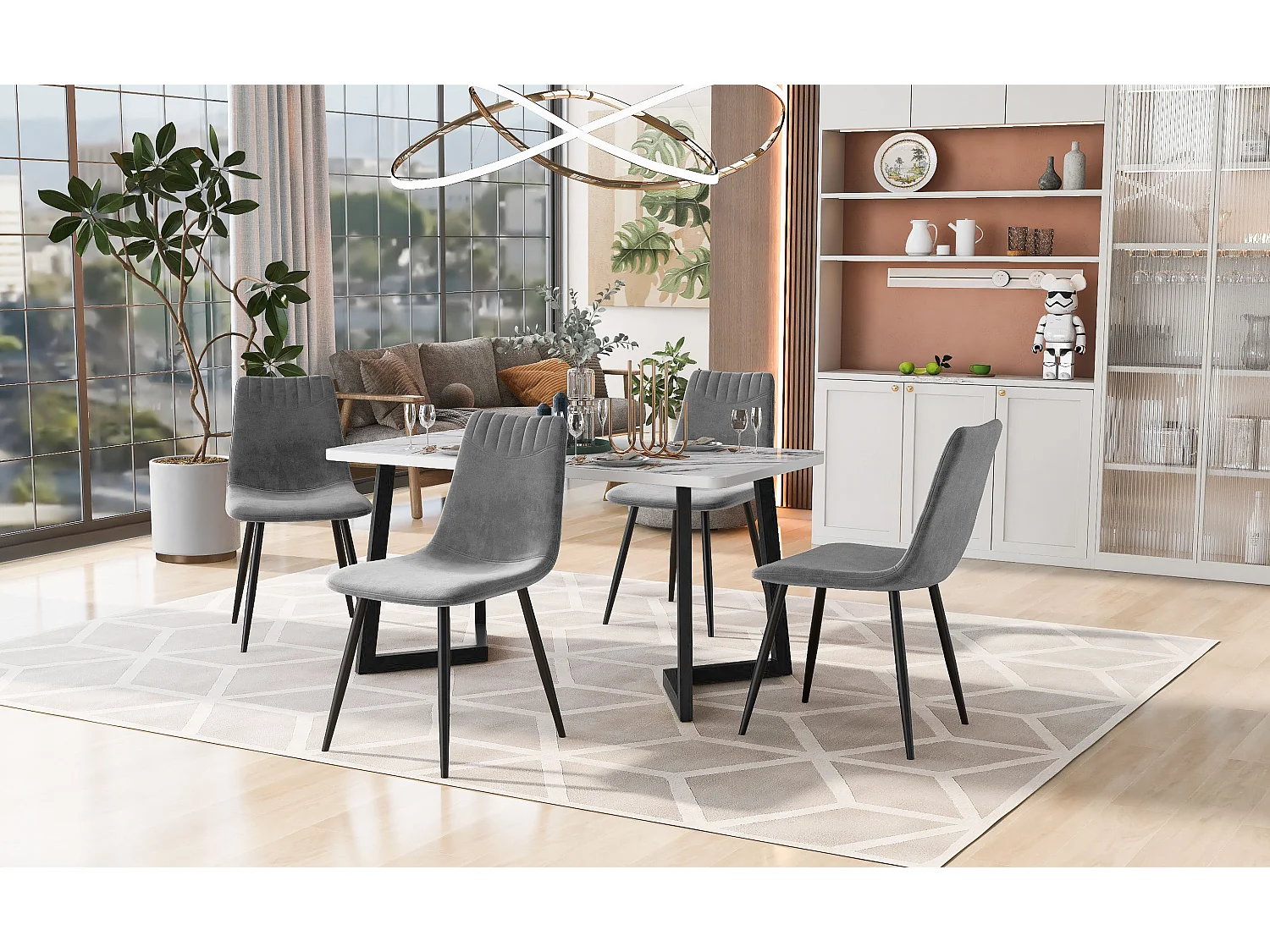 Eettafel en stoelenset (1 + 4) - fluwelen zitting en metalen poten - tafel met marmerpatroon - donkergrijs