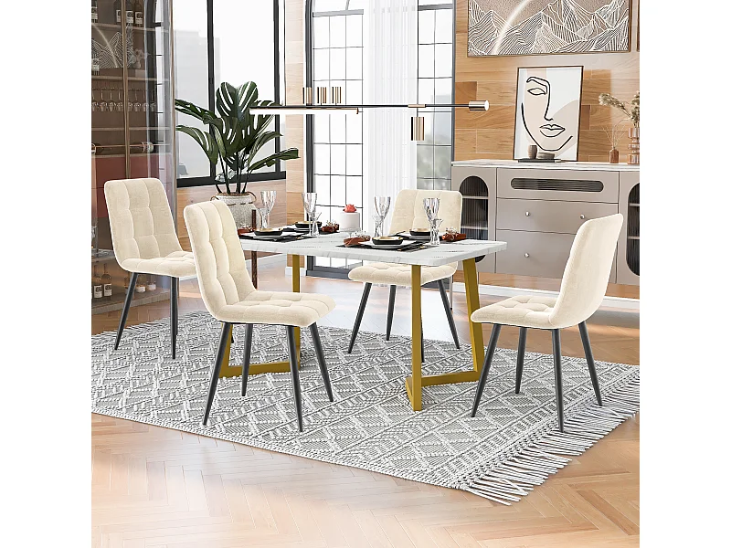 Esstischset 117 x 68 cm mit 4 samtgepolsterten Stühlen – goldene Metallbeine – Weiß + Beige