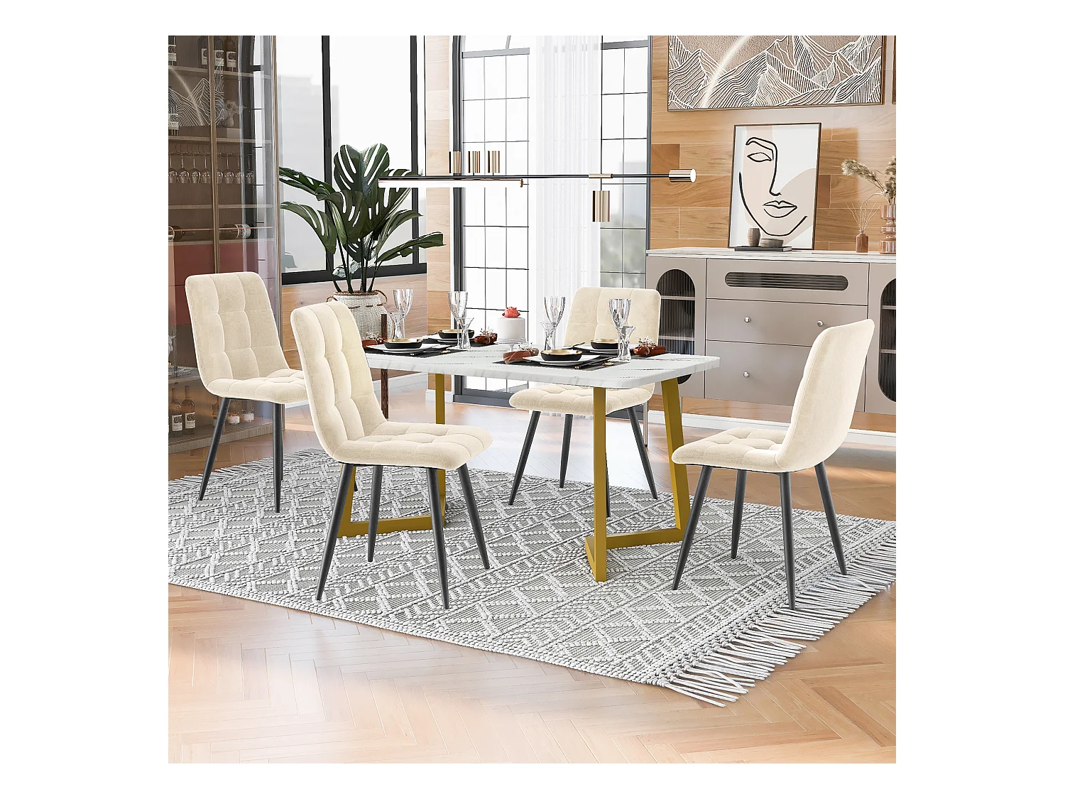 Esstischset 117 x 68 cm mit 4 samtgepolsterten Stühlen – goldene Metallbeine – Weiß + Beige