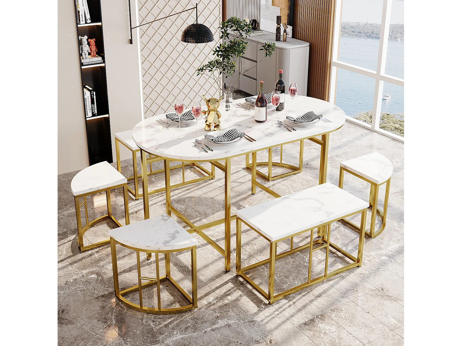 Ensemble table ovale + 6 chaises de salle à manger - bois MDF et métal doré - style moderne - blanc + or