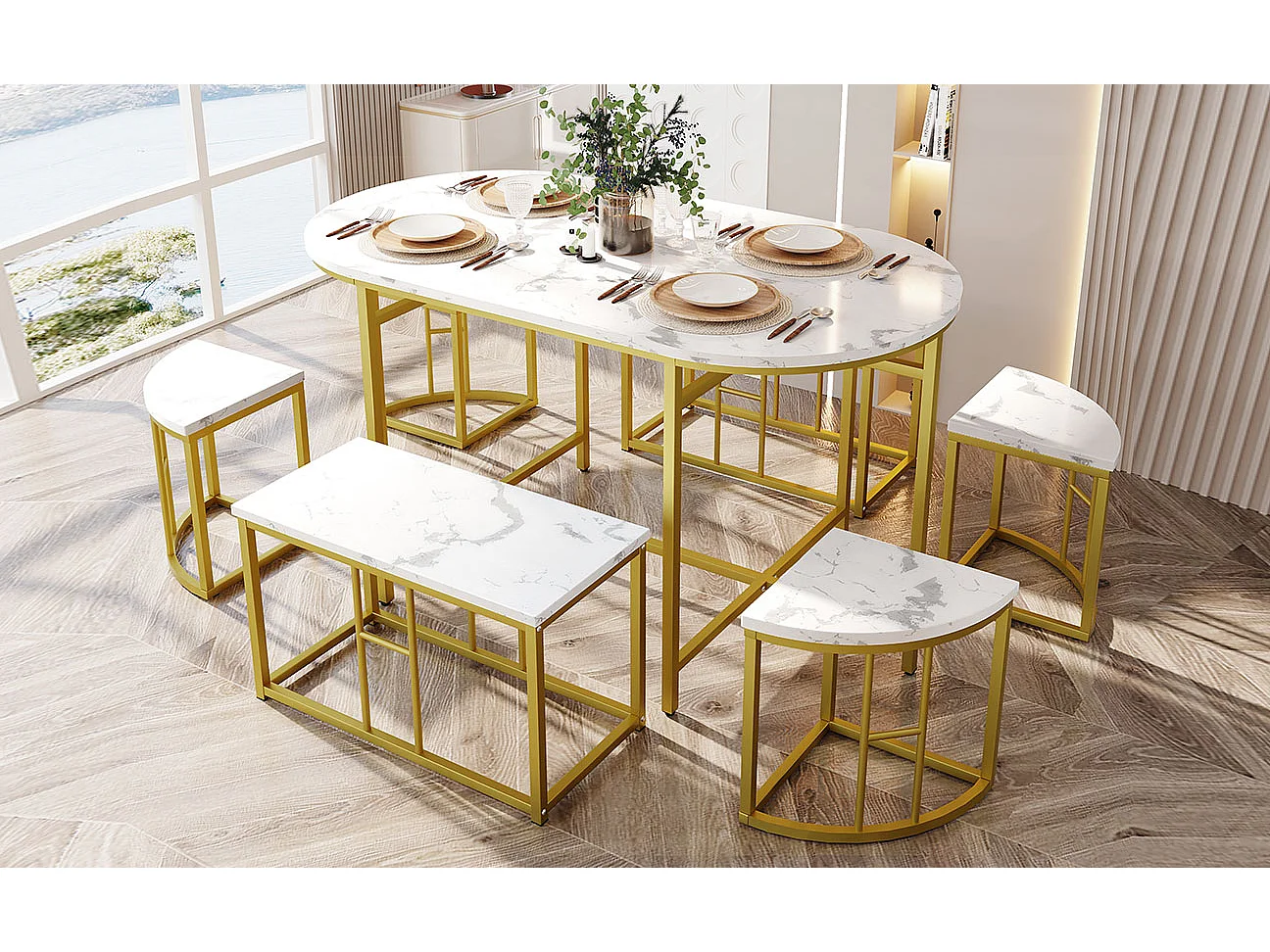 Ensemble table ovale + 6 chaises de salle à manger - bois MDF et métal doré - style moderne - blanc + or