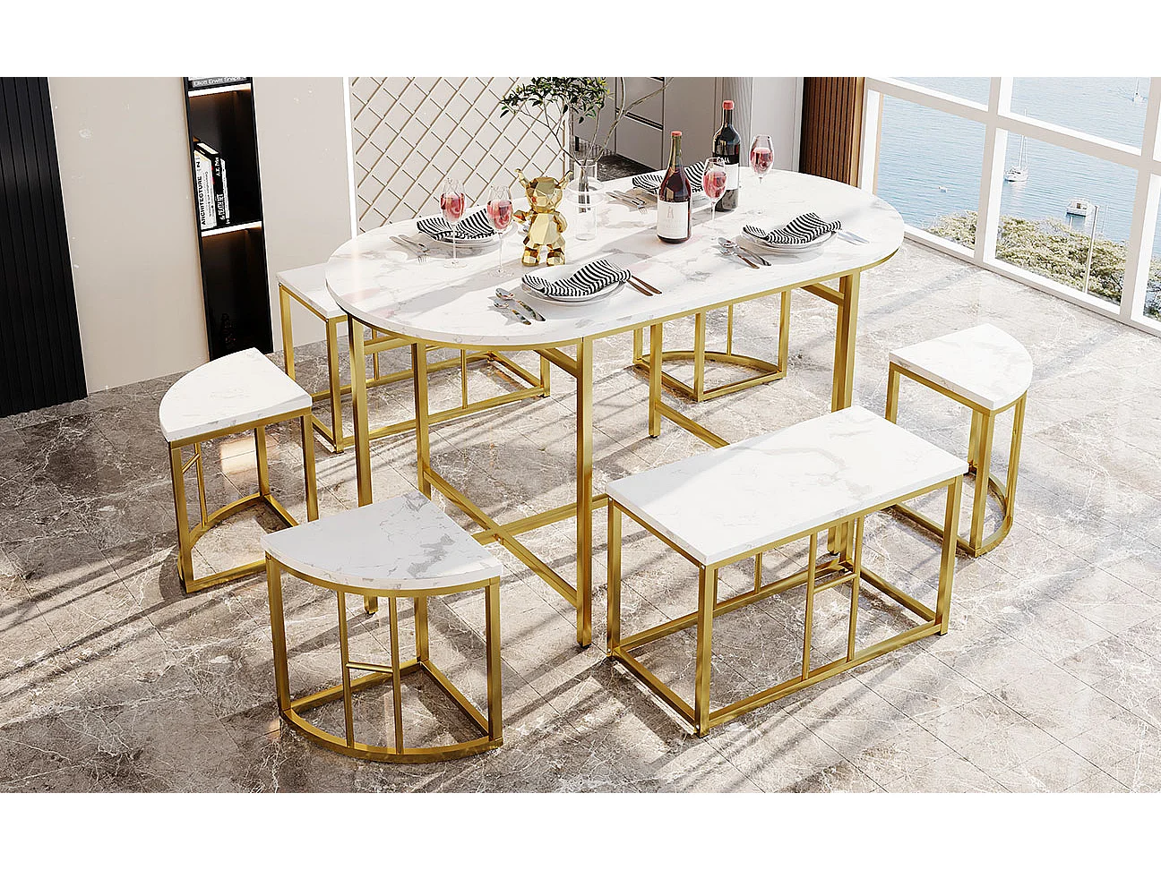 Ensemble table ovale + 6 chaises de salle à manger - bois MDF et métal doré - style moderne - blanc + or