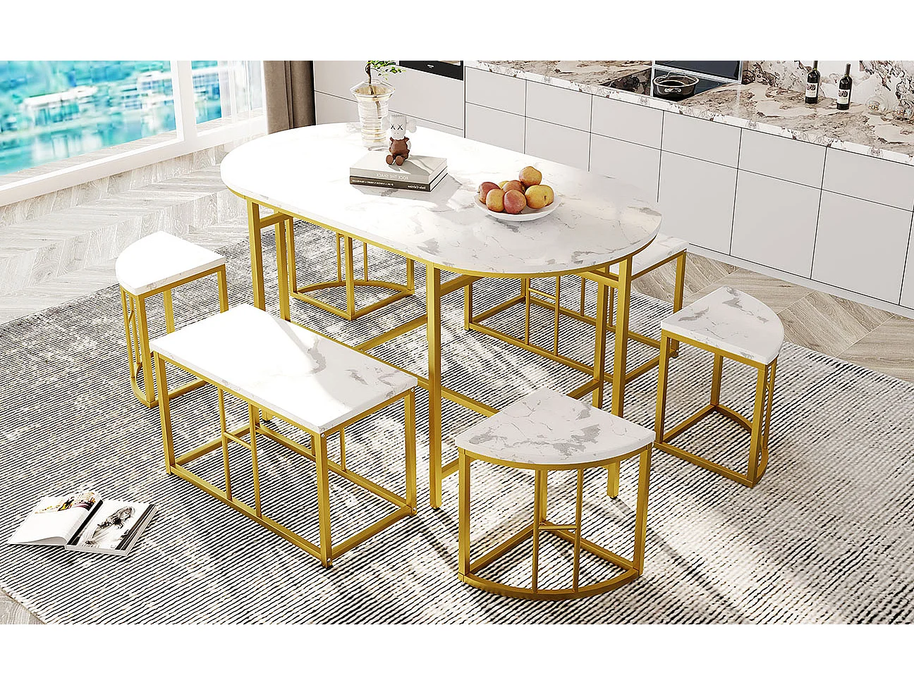 Ensemble table ovale + 6 chaises de salle à manger - bois MDF et métal doré - style moderne - blanc + or