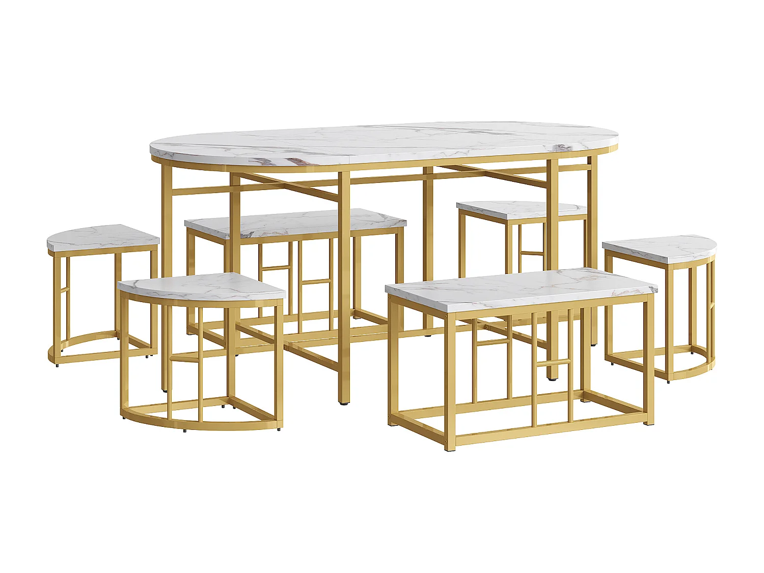 Ensemble table ovale + 6 chaises de salle à manger - bois MDF et métal doré - style moderne - blanc + or