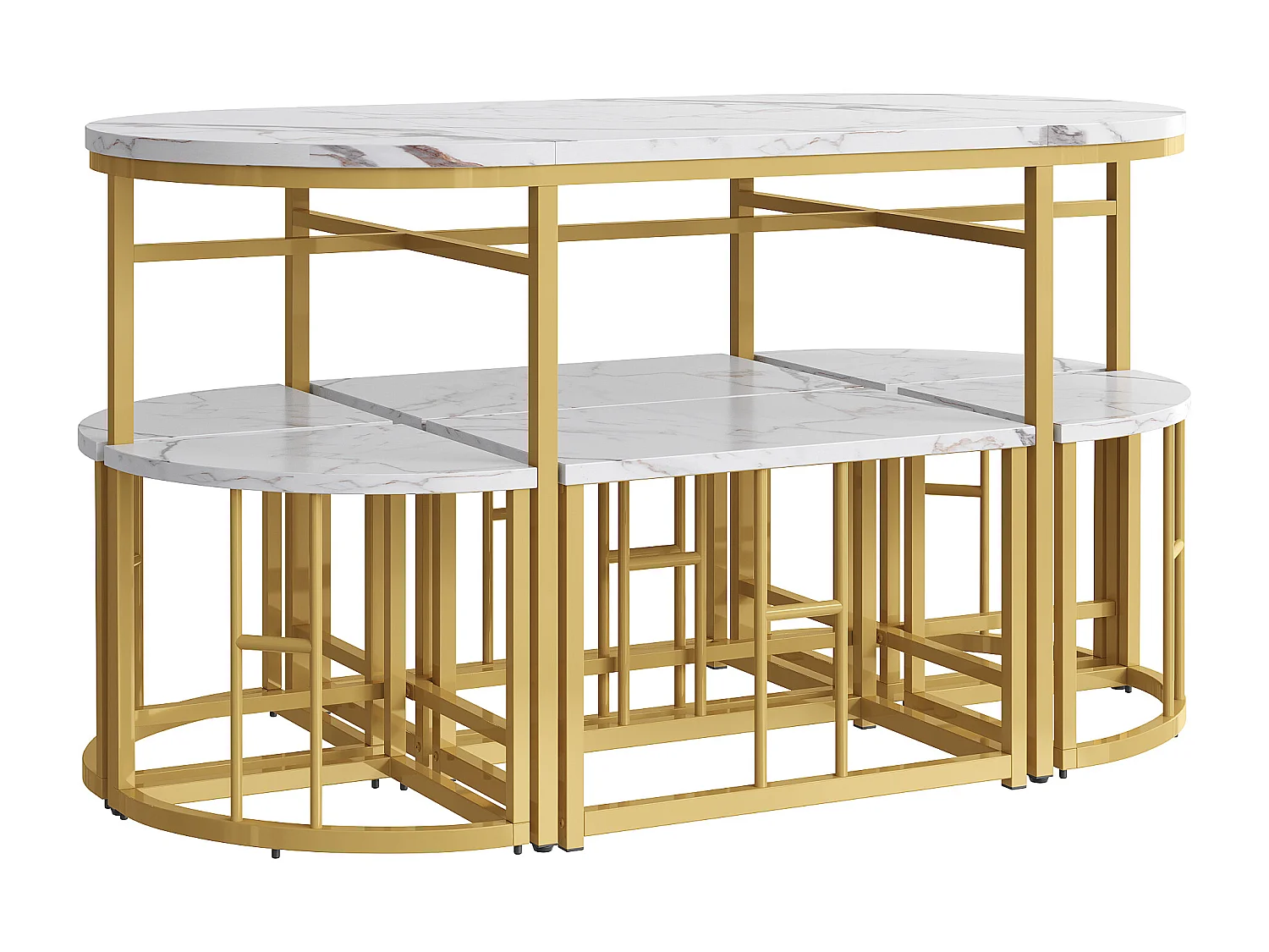 Ensemble table ovale + 6 chaises de salle à manger - bois MDF et métal doré - style moderne - blanc + or