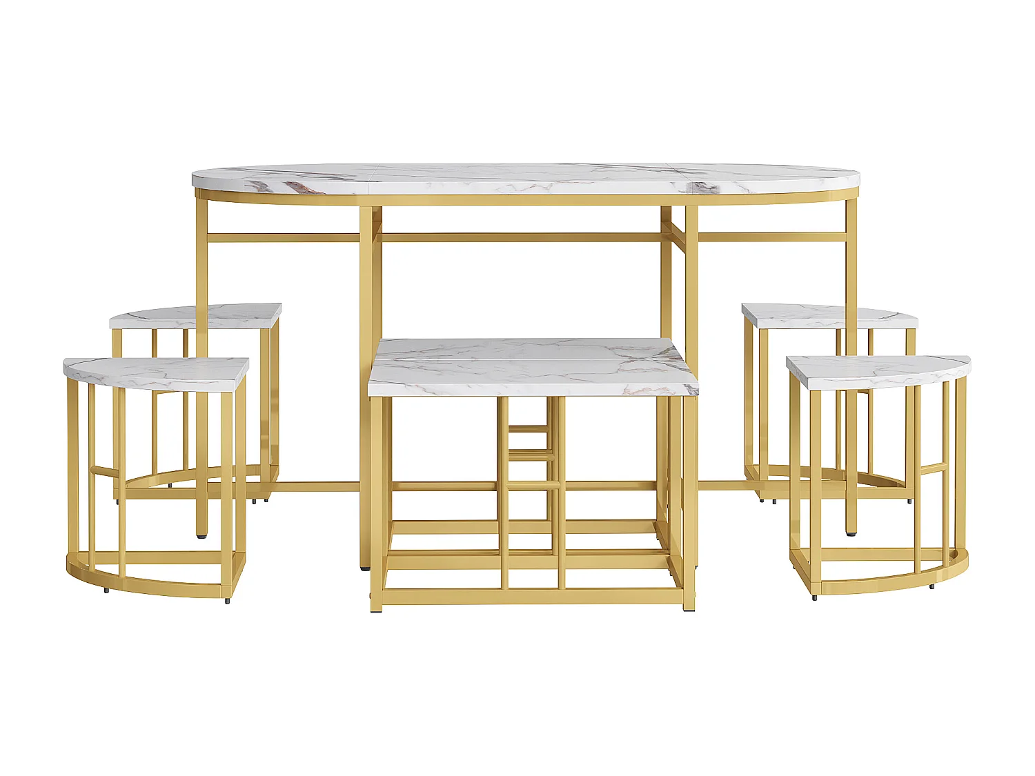 Ensemble table ovale + 6 chaises de salle à manger - bois MDF et métal doré - style moderne - blanc + or