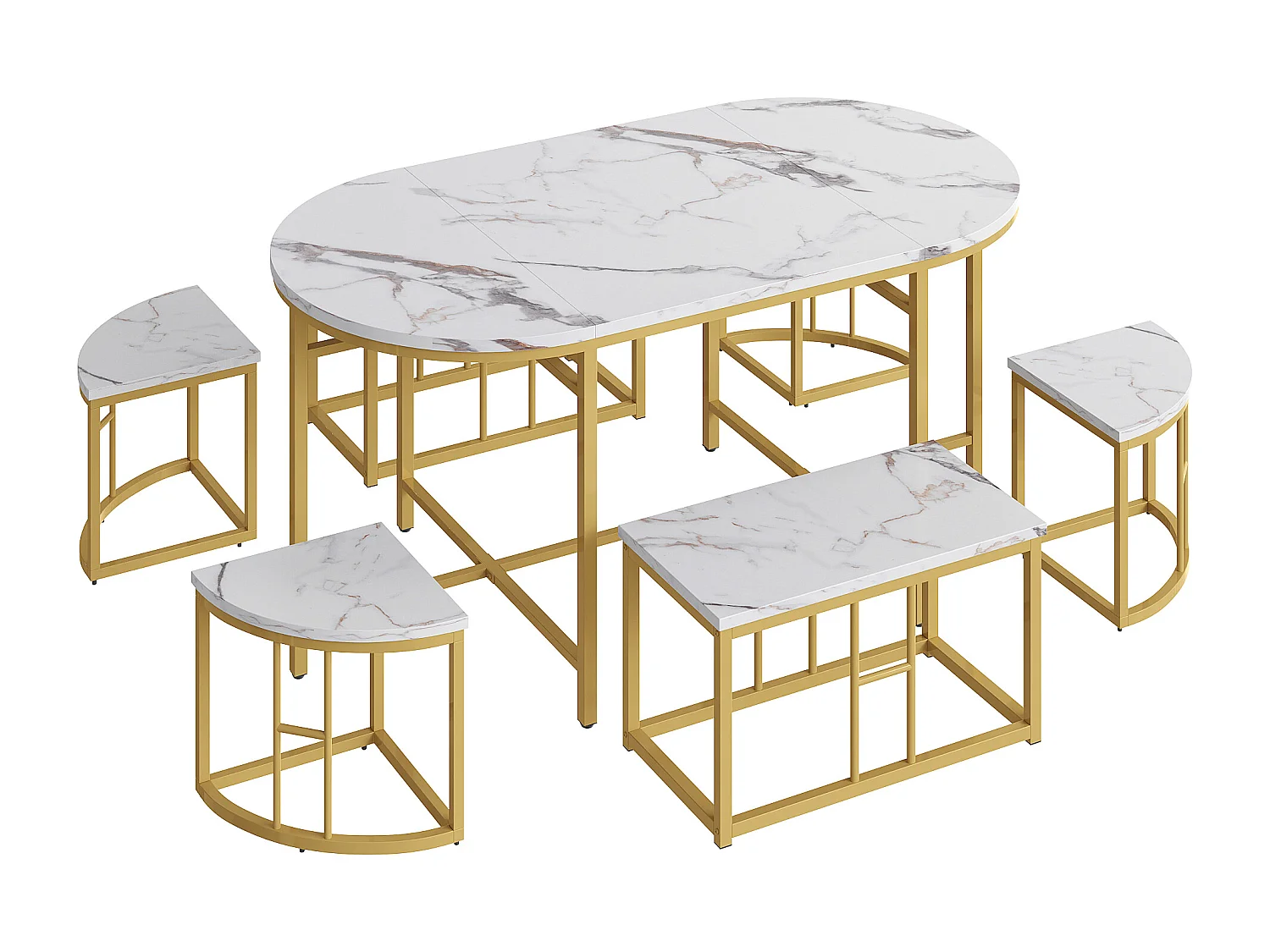 Ensemble table ovale + 6 chaises de salle à manger - bois MDF et métal doré - style moderne - blanc + or