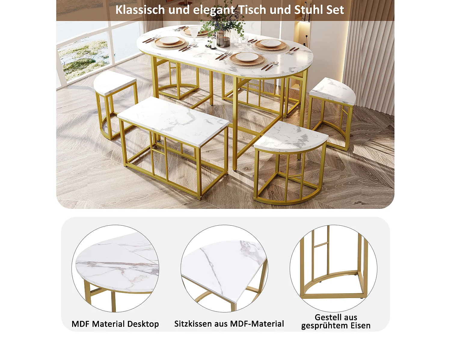 Ensemble table ovale + 6 chaises de salle à manger - bois MDF et métal doré - style moderne - blanc + or