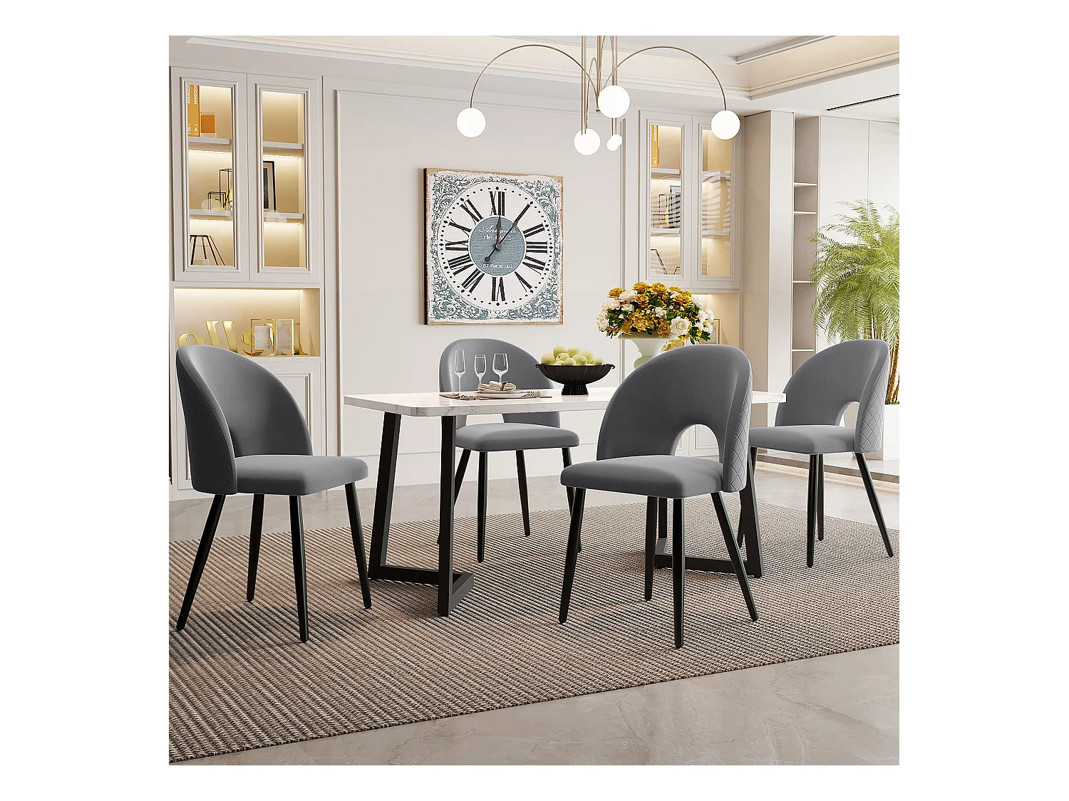 Ensemble table à manger 117 x 68 cm + 4 chaises coquillage -  velours et pièds en métal noir - motif losange - gris