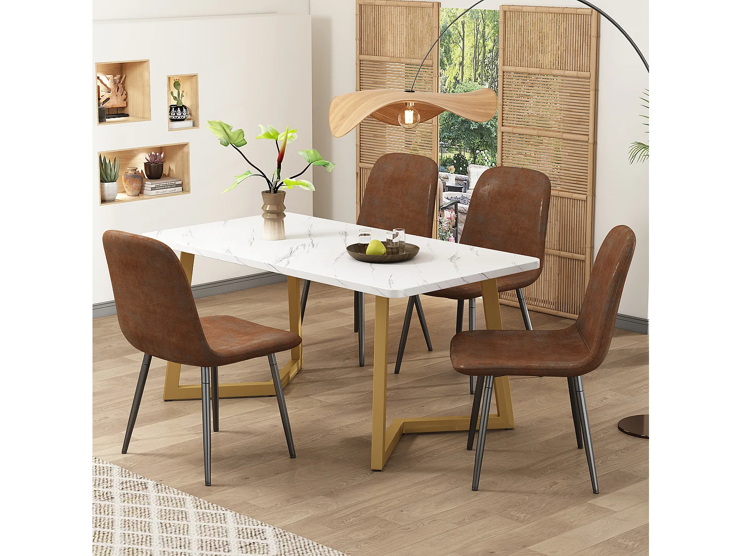 Ensemble table de salle à manger et 4 chaises - assise en simili cuir et pièds en métal doré - table à motif marbre - marron