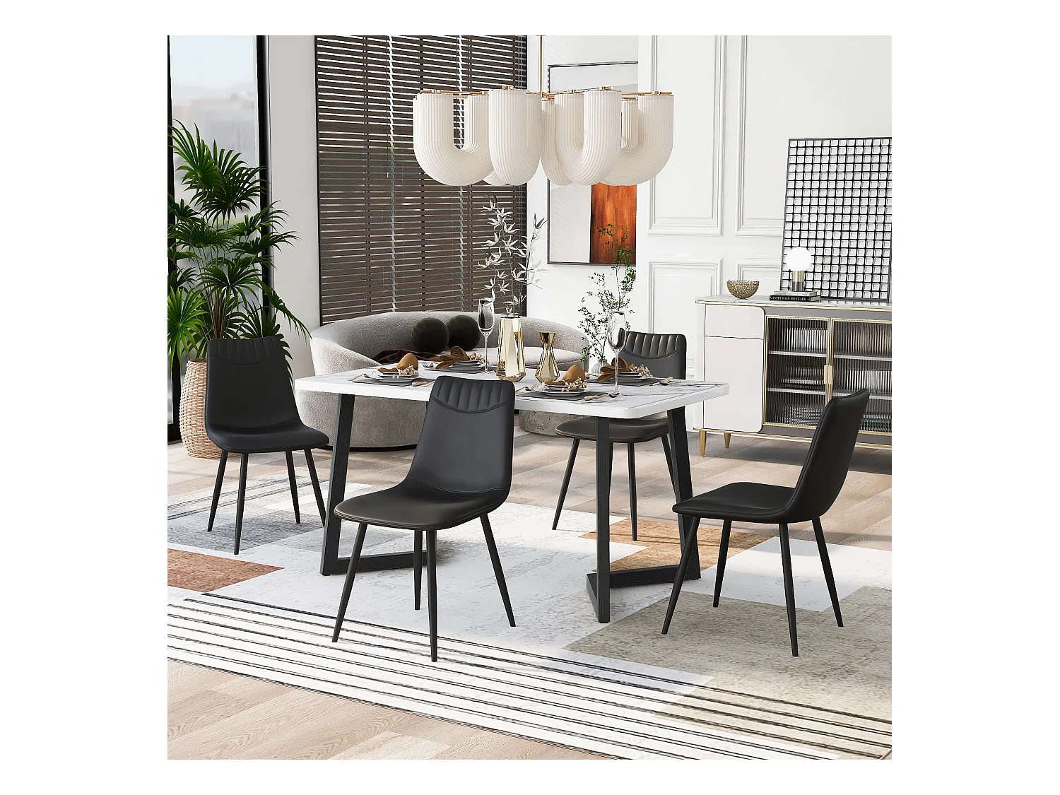 Eettafel en stoelenset (1+4) - PU-leren zitting en metalen poten - Marmeren tafelpatroon - Zwart