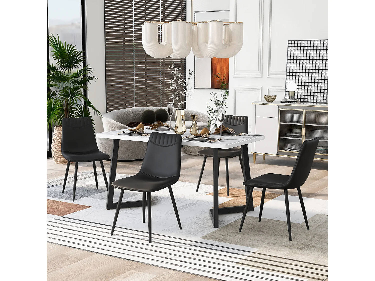 Eettafel en stoelenset (1+4) - PU-leren zitting en metalen poten - Marmeren tafelpatroon - Zwart