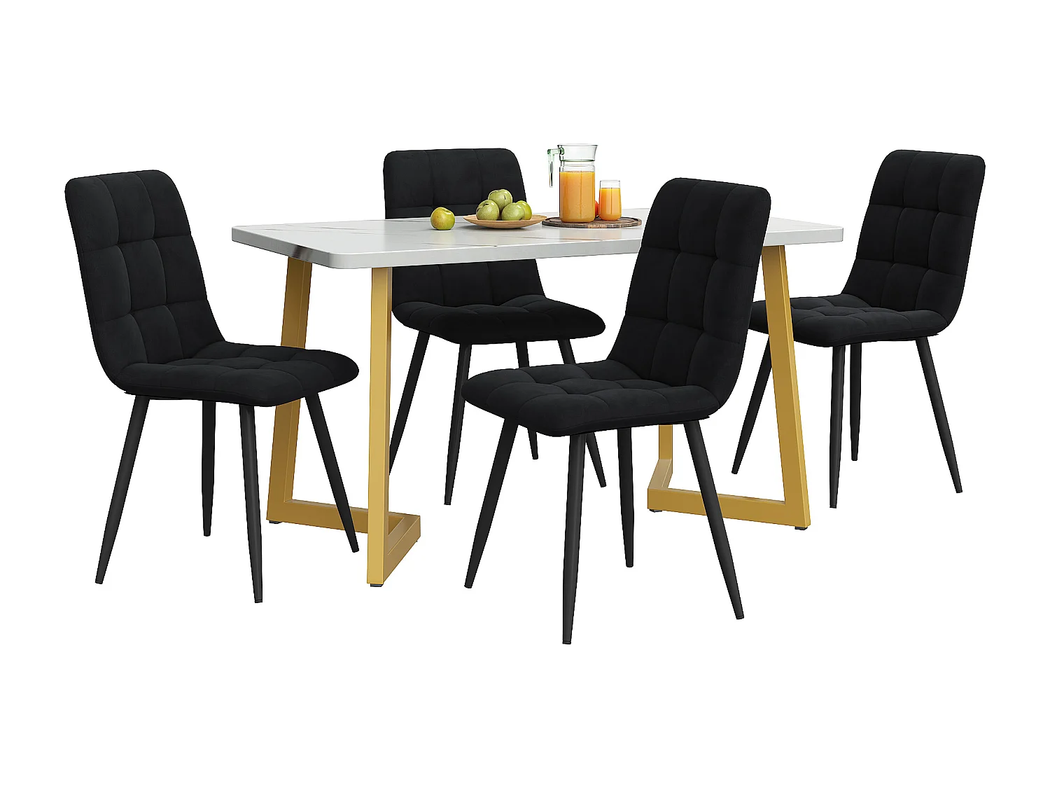 Ensemble table à manger 117 x 68 cm avec 4 chaises rembourrées en velours - pièds en métal doré - Blanc + noir