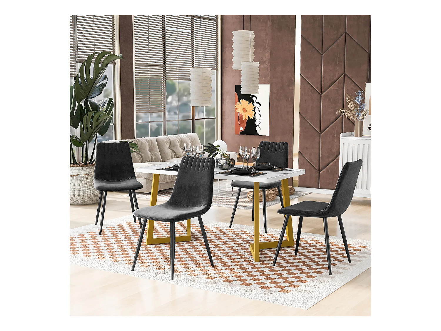Eettafelset 117 x 68 cm met 4 fluwelen stoelen - Gouden metalen poten - Zwart