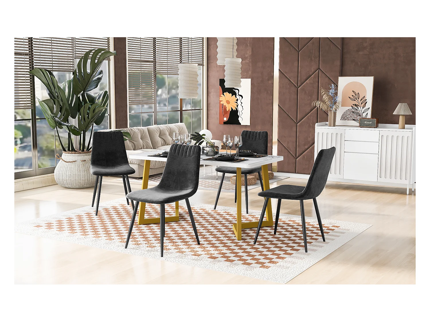 Ensemble table à manger 117 x 68 cm avec 4 chaises rembourrées en velours - Pièds en métal doré - Noir