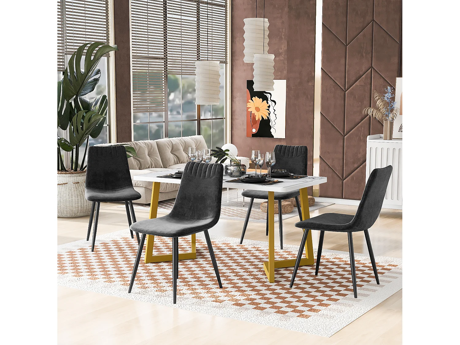 Eettafelset 117 x 68 cm met 4 fluwelen stoelen - Gouden metalen poten - Zwart