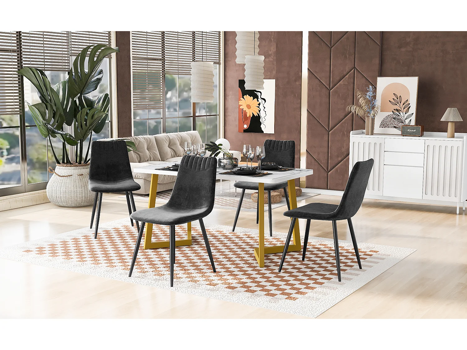 Eettafelset 117 x 68 cm met 4 fluwelen stoelen - Gouden metalen poten - Zwart