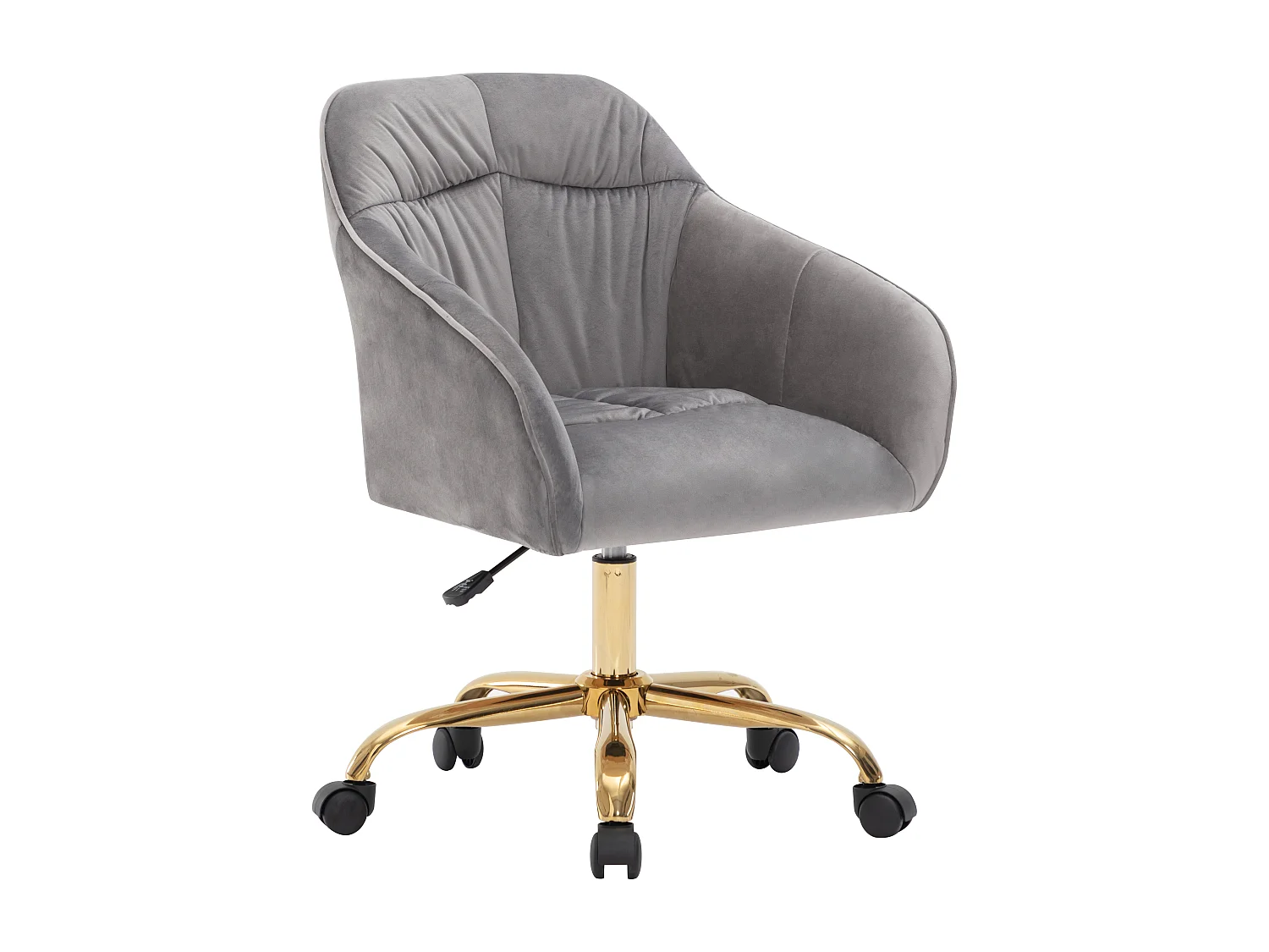 Draaifauteuil van fluweel met rugleuning, armleuningen en wielen - gouden poten en in hoogte verstelbaar - grijs