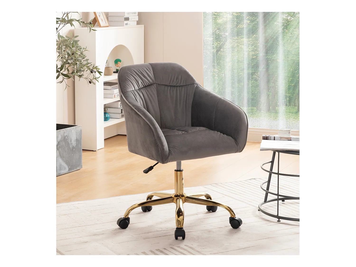 Fauteuil pivotante en velours avec dossier, accoudoirs et roulettes - pièds doré et réglable en hauteur - gris