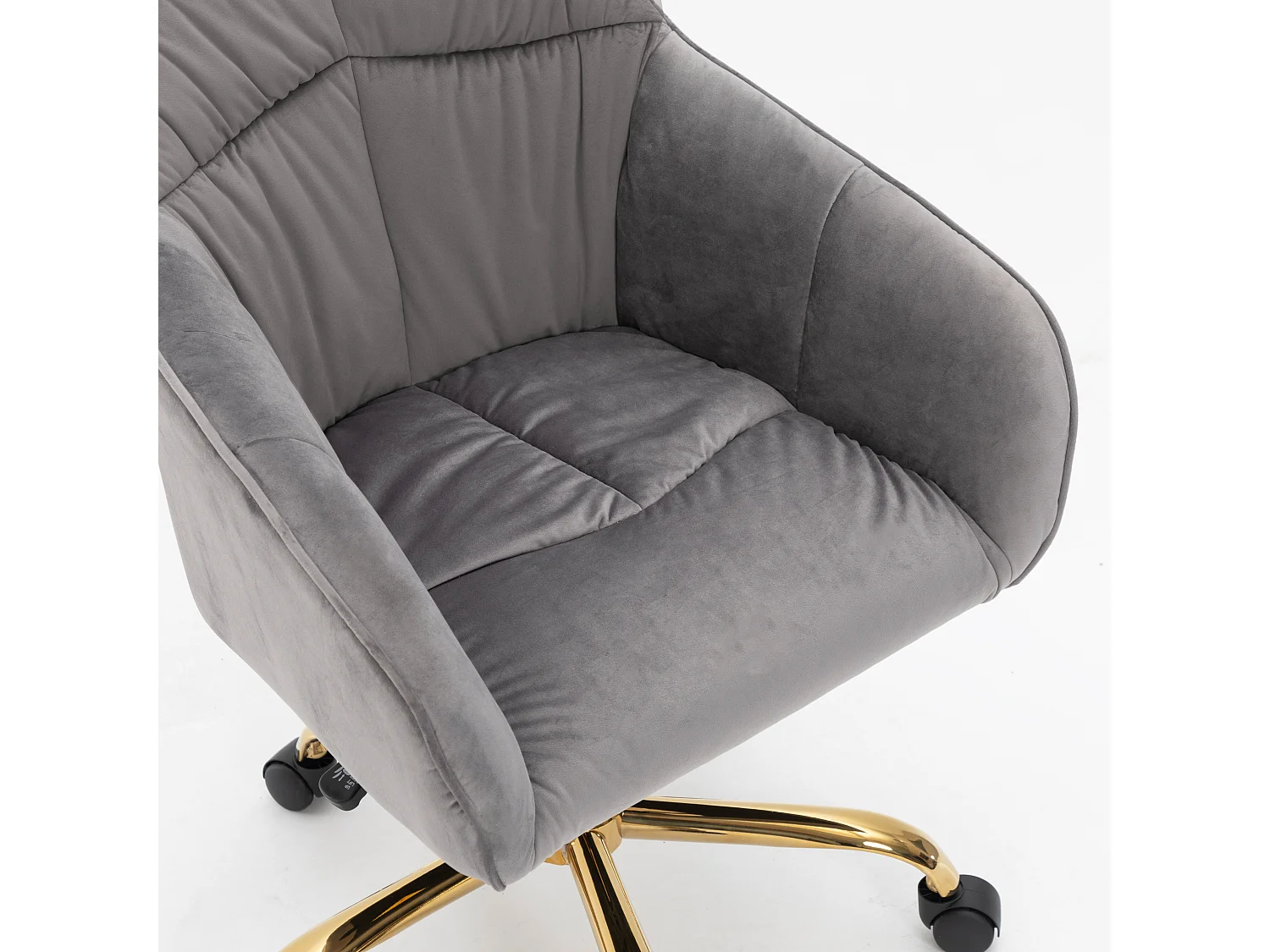 Fauteuil pivotante en velours avec dossier, accoudoirs et roulettes - pièds doré et réglable en hauteur - gris