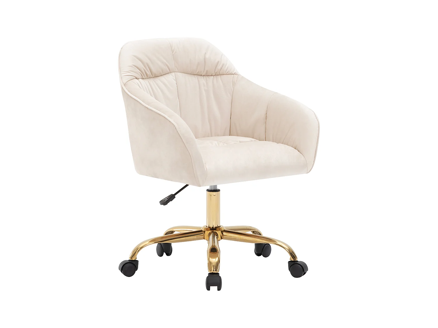 Fauteuil pivotante en velours avec dossier, accoudoirs et roulettes - pièds doré et réglable en hauteur - beige
