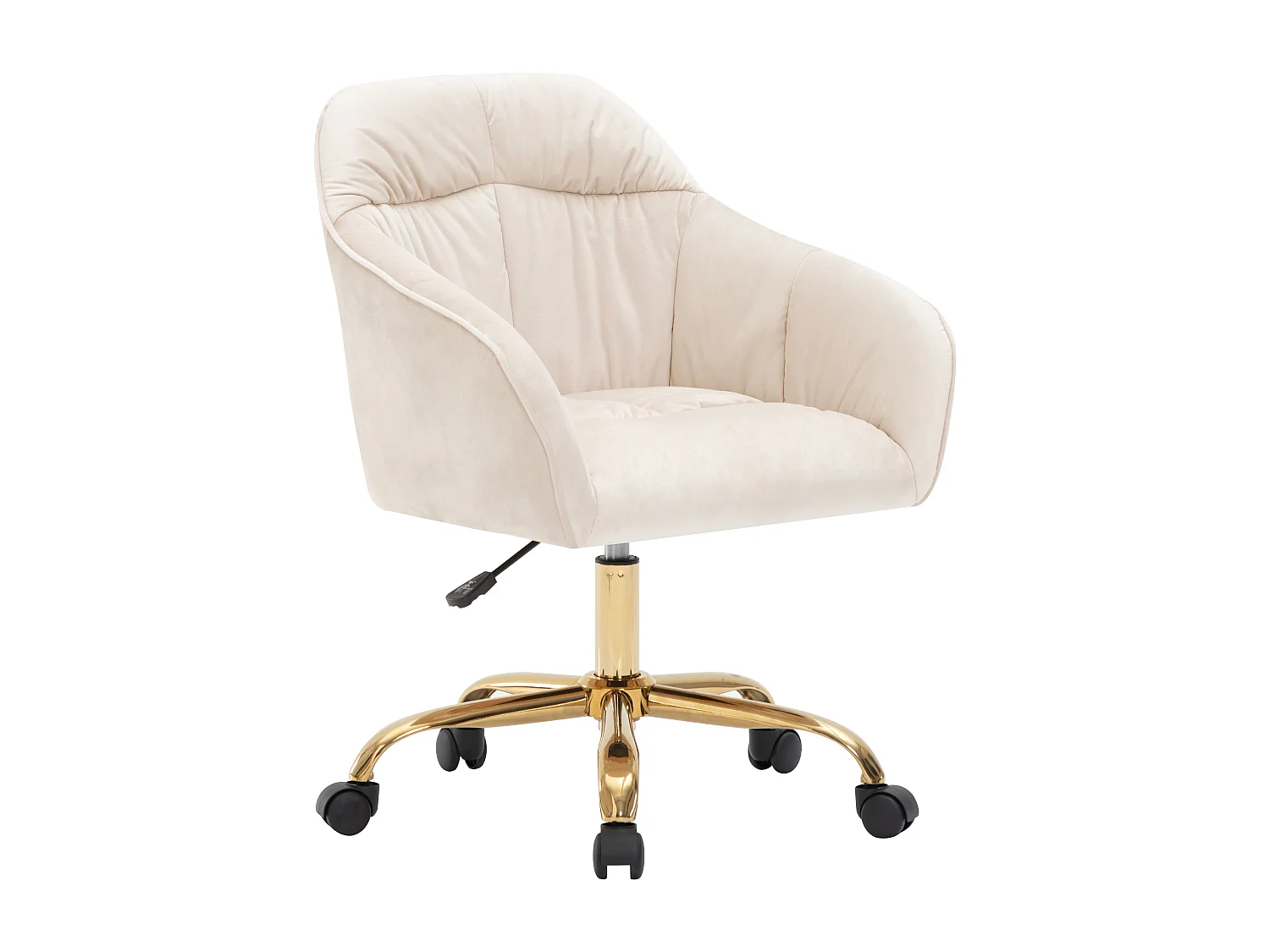 Fauteuil pivotante en velours avec dossier, accoudoirs et roulettes - pièds doré et réglable en hauteur - beige