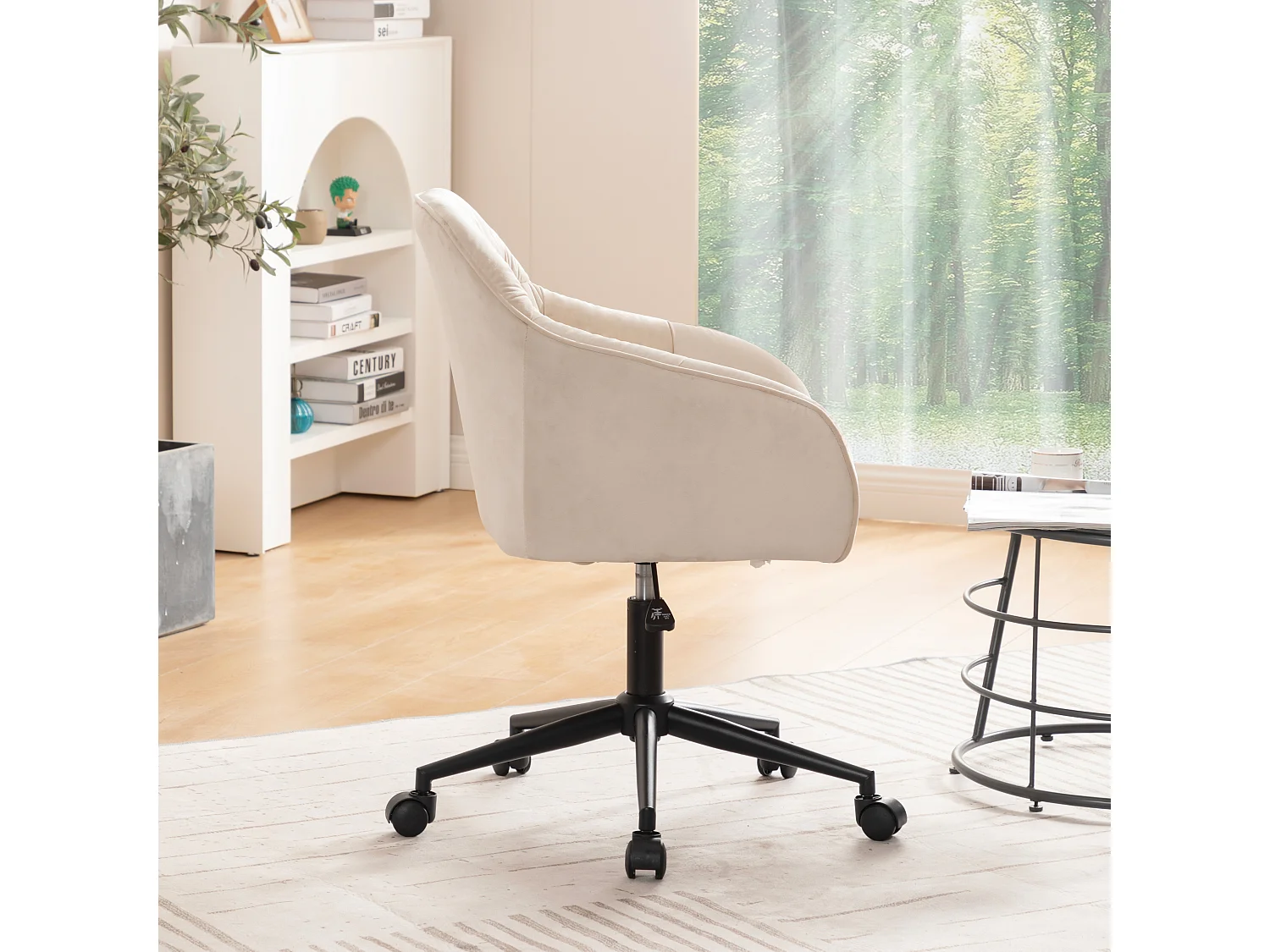 Fauteuil pivotante en velours avec dossier, accoudoirs et roulettes - pièds réglable en hauteur - beige