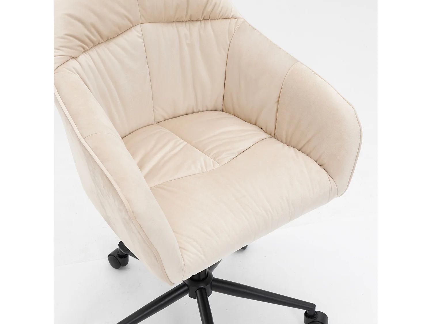 Fauteuil pivotante en velours avec dossier, accoudoirs et roulettes - pièds réglable en hauteur - beige